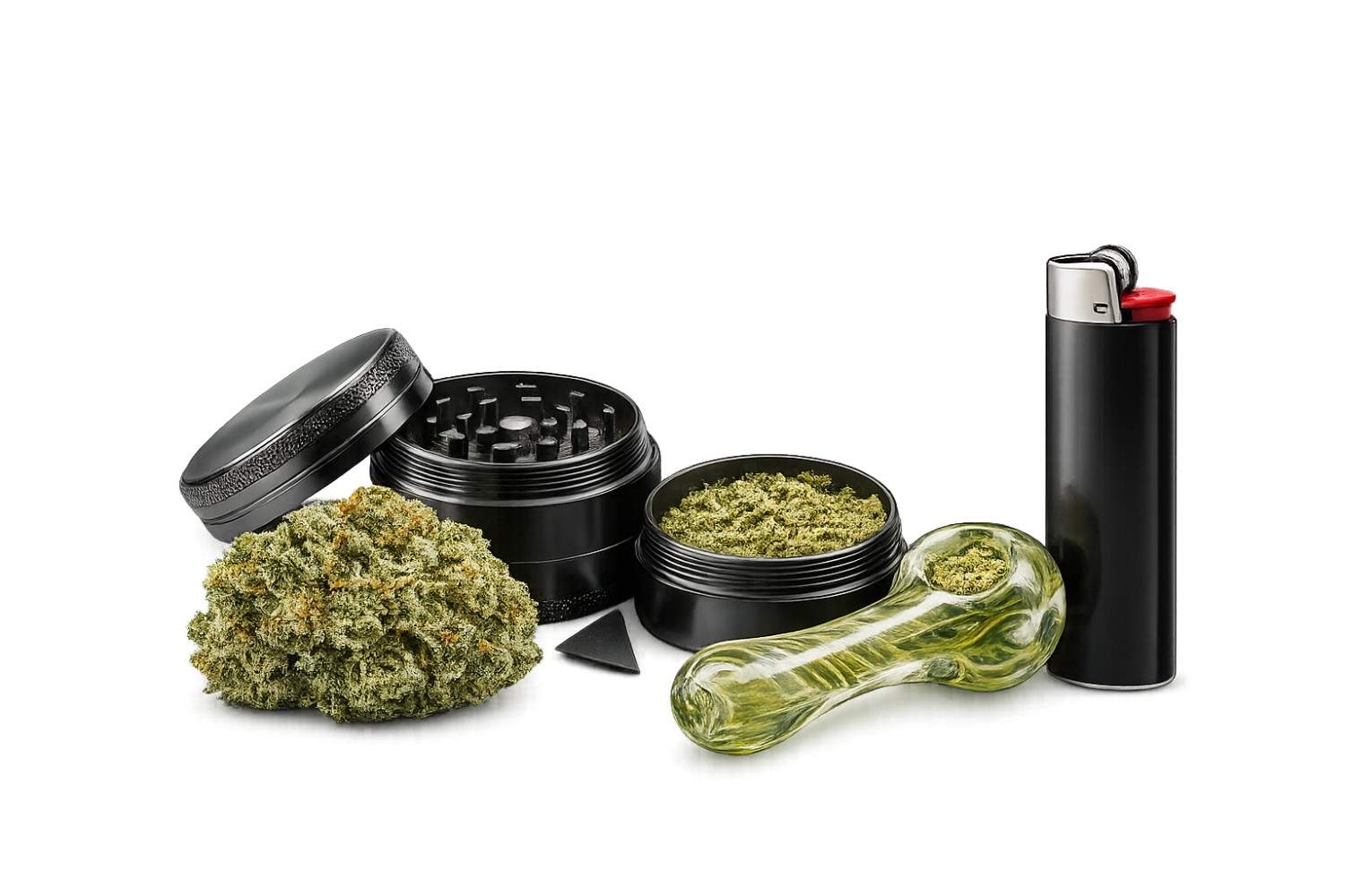 Grinder, glass pipe and lighter - shop accessories at HighStone